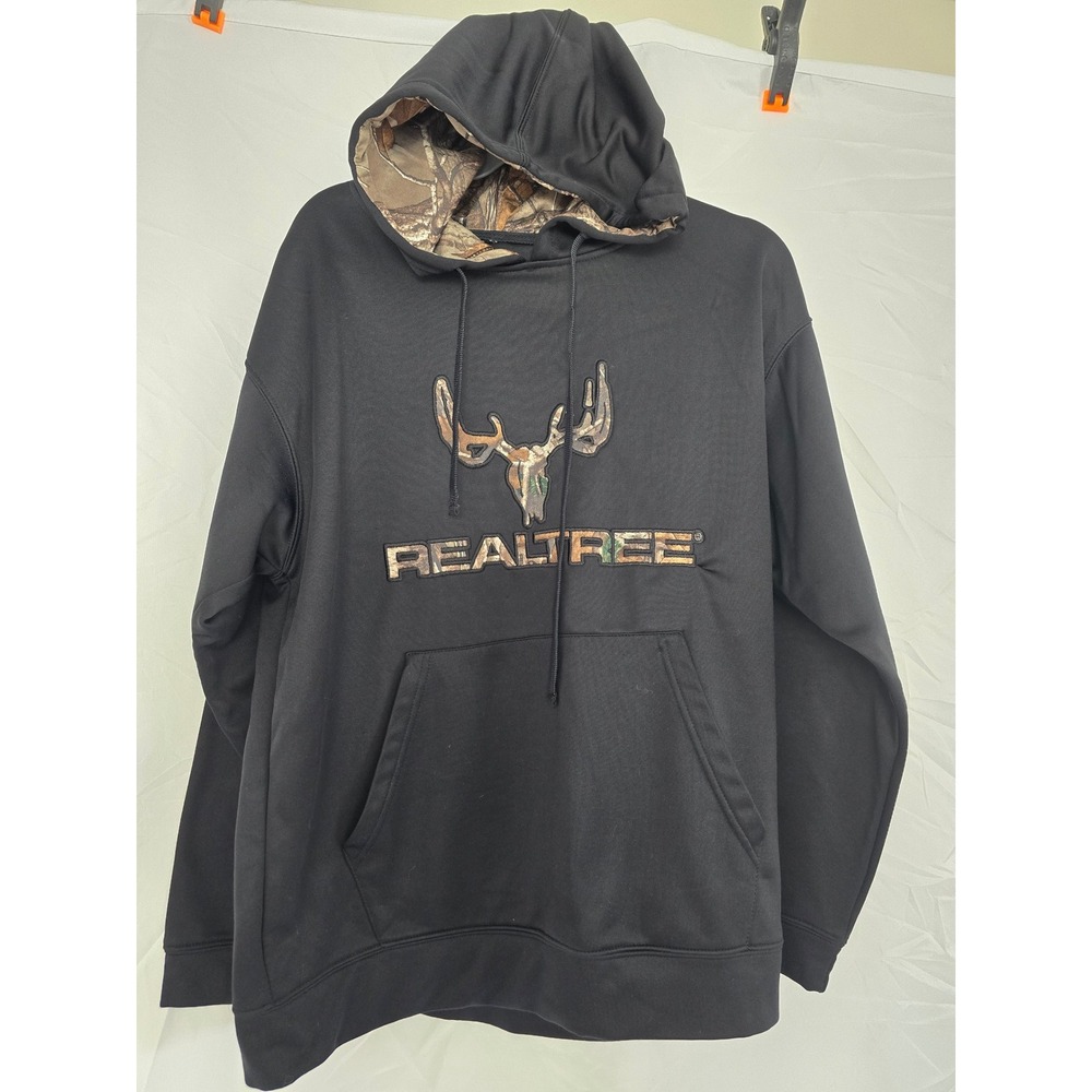 Realtree Black‎ Hoodie Camo Lining Buck Antler Logo Pullover Men's